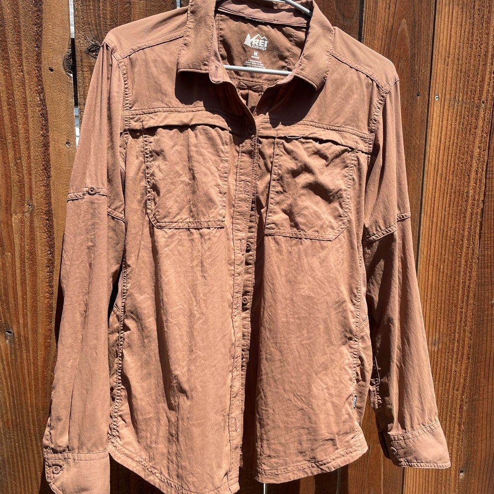 REI Sahara Long Sleeve Shirt Brown M Hiking Button Down Top